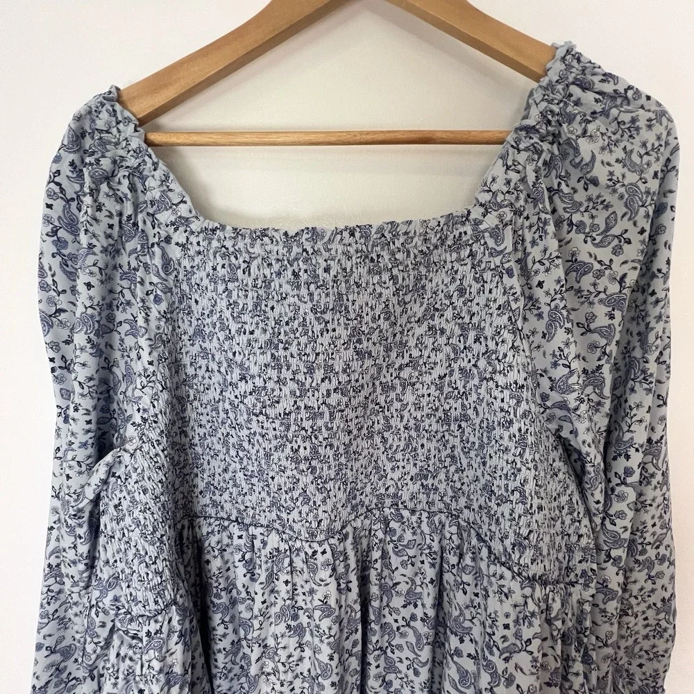 Boho Cottagecore‎ Floral Peasant Dress XXL Smocked Babydoll Blue White